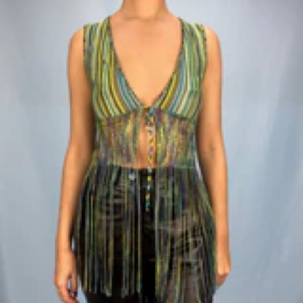 Vintage Missoni Striped Green and Blue Fringe Top